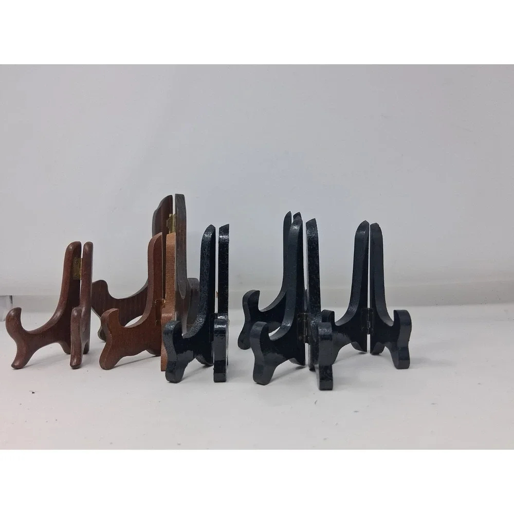 Hinged Easel Plate Holders Wooden Folding Set of 7 Black/brown. Q